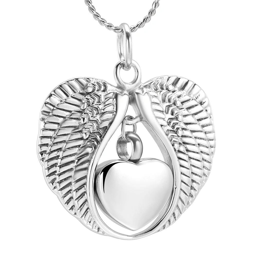 Angel Wing Hold Heart Cremation Urn Necklace for Ashes Carved Keepsake