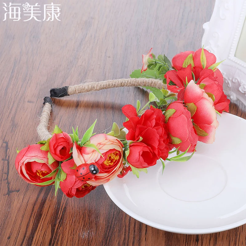 

Haimeikang Fashion Bohemia Bride Rose Flower ladybug Wreath Headbands Women Girl Floral Crown Hairband Wedding Headband Garland