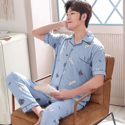 

2019 Summer Men's Pajamas Sleepwear Short Sleeve Long Pants Man Print Cotton Cardigans Nightwear Male Home Wear Outerwear