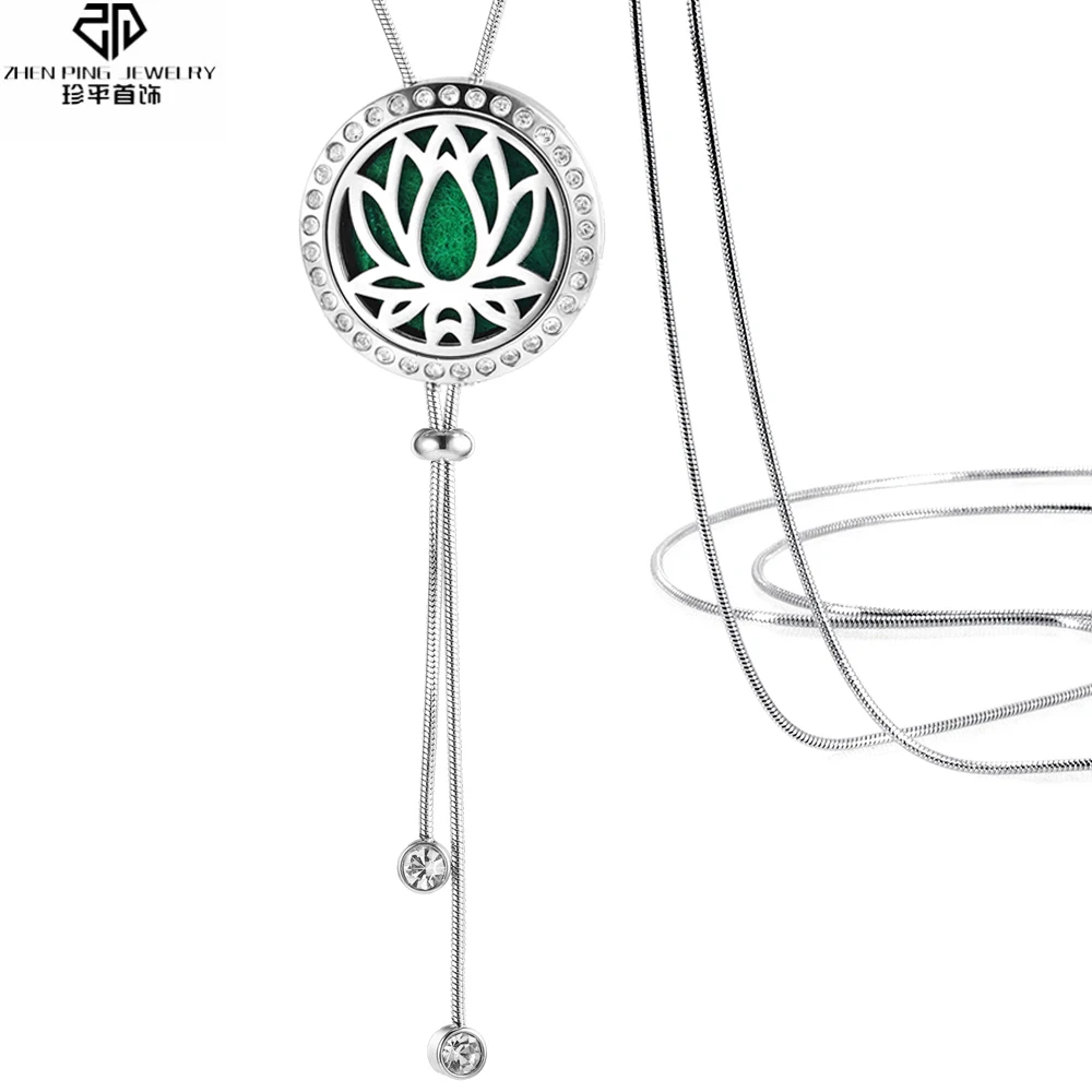 

Crystal Long Sweater Chain Diffuser Necklace Stainless Steel Locket Essential oil Diffuser Pendant Collars Statement Jewelry