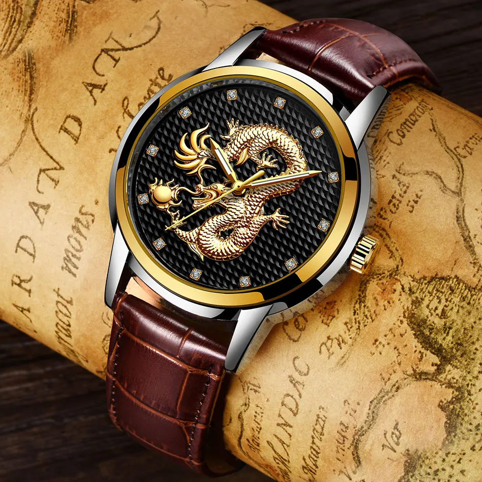 2021 LIGE New Golden Mens Watches Top Brand Luxury Chinese Dragon Watch Business Full Steel Quartz Clock Male Relogio Masculino
