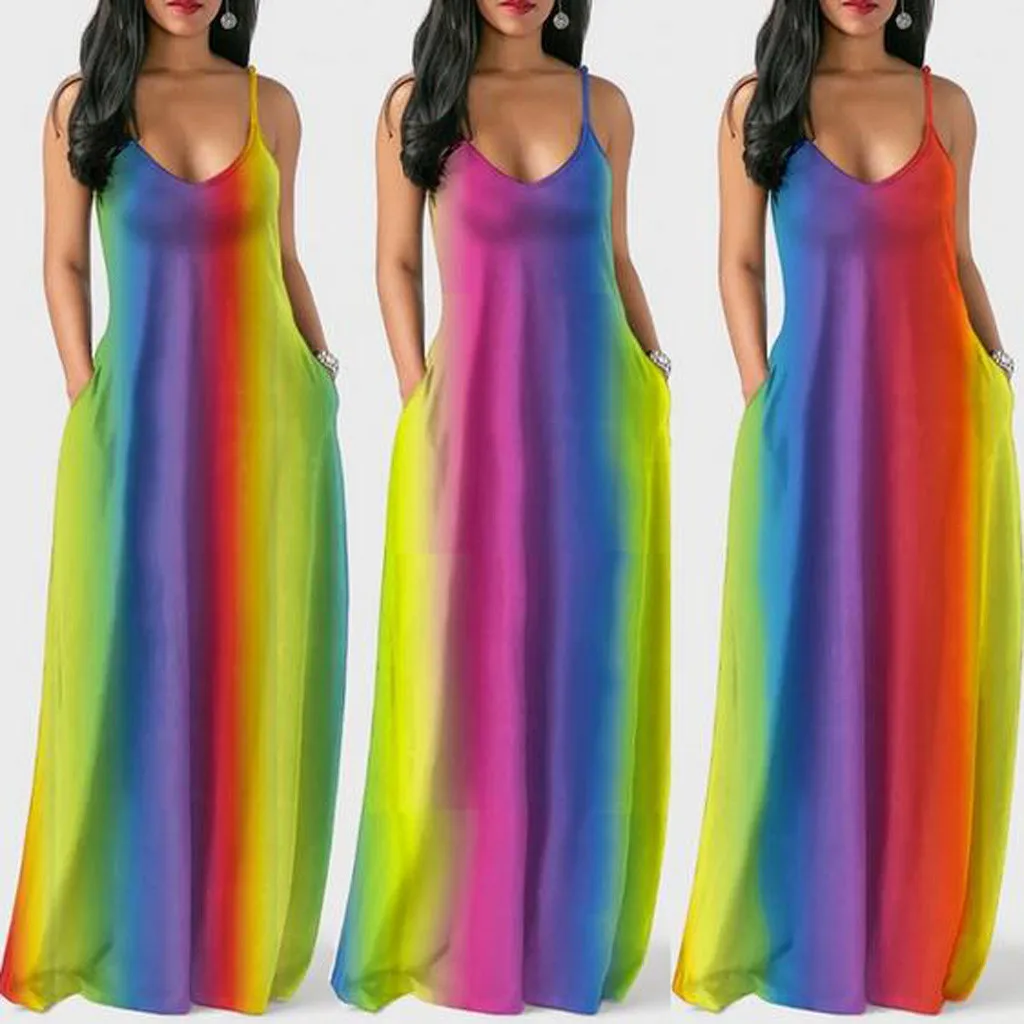 

Summer Women Dress 2019 Rainbow Printed Spaghetti Strap V Neck Sleeveless Pockets Long Dress Boho Maxi Dress vestidos