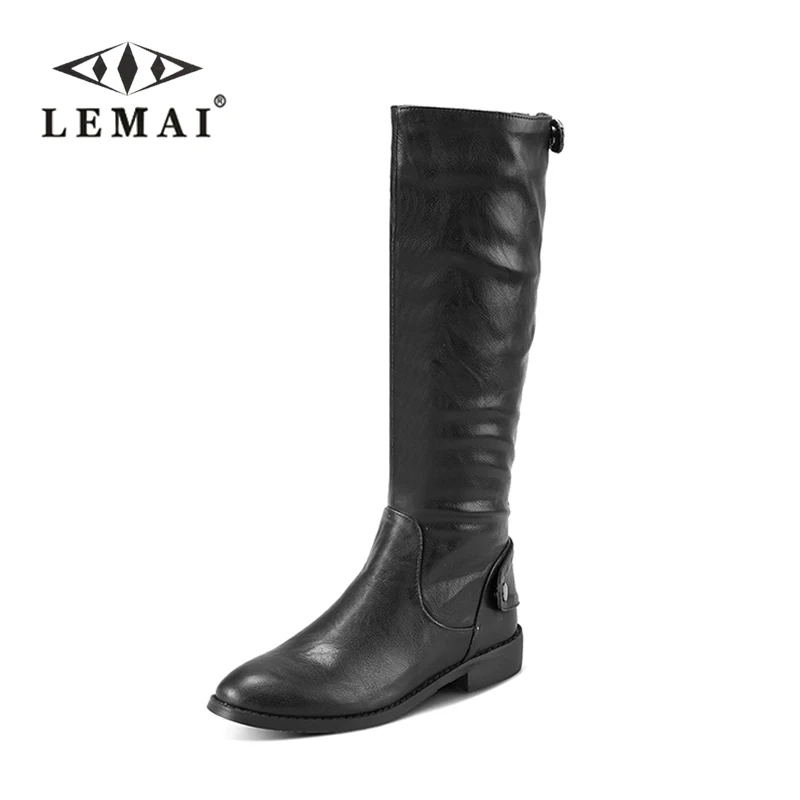 

LEMAI 2018Women Riding Equestrian Motorcycle Boots Low Square heel Zipper Buckle Calf boots Women Fashion Black Shoes Size34- 43