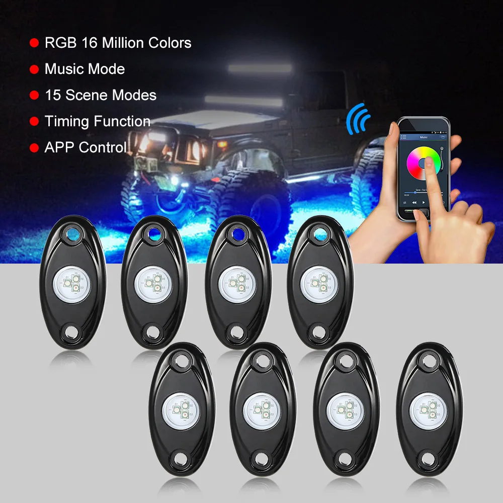

IP67 Waterproof 4pcs 12V RGB LED Rock Lights Wireless Controlled Music Flashing for Jeep Off Road SUV Truck
