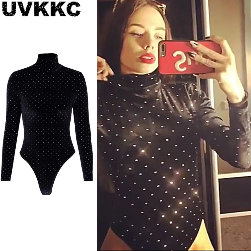 

Uvkkc Women Bodysuits 2019 Spring Fashion Female Romper Diamond TurtleNeck Long Sleeve Sexy Party Solid Black Bodysuit For Women