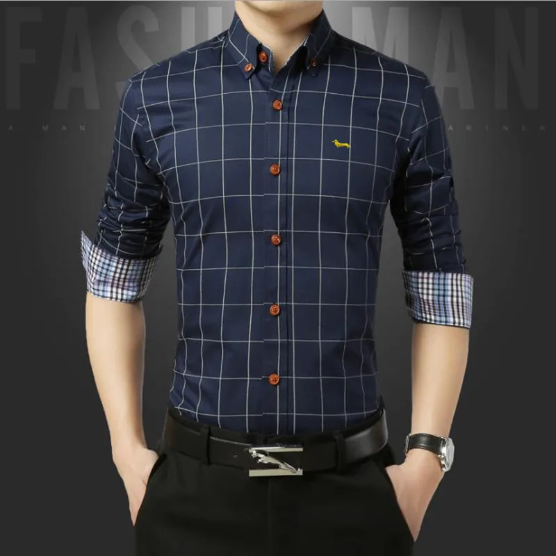 Blusa informal de negocios para hombre, camisa de manga larga a cuadros, ajustada, bordada, talla asiática, Primavera