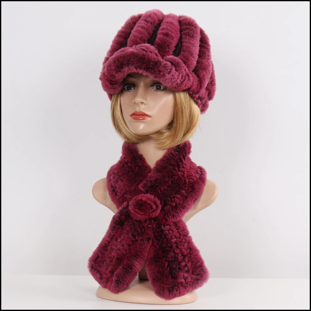 Уличная зимняя вязаная 100% натуральный мех наборы шарф шапка женский теплый Настоящий мех кролика шапки муфели 2 шт. натуральный мех шапка