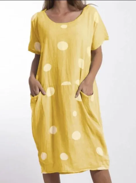 Женское платье большого размера, лето, новые платья в горошек с круглым вырезом и принтом, платья с коротким рукавом - Цвет: Цвет: желтый