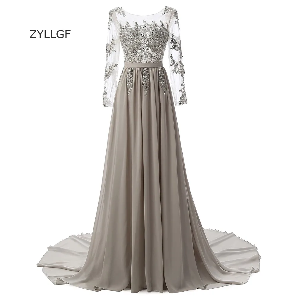 ZYLLGF Gray Bridesmaid Dresses Long Sleeve A Line Boat Neck Chiffon