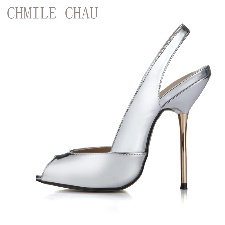 

CHMILE CHAU Patent Sexy Women Party Pumps Peep Toe Stiletto Iron High Heel Slingback Ladies Shoe Escarpins Talons Femmes 3845-g4