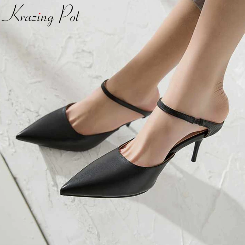 

Krazing pot full grain leather high quality summer party pointed toe female superstar stiletto thin high heels shallow pumps l08