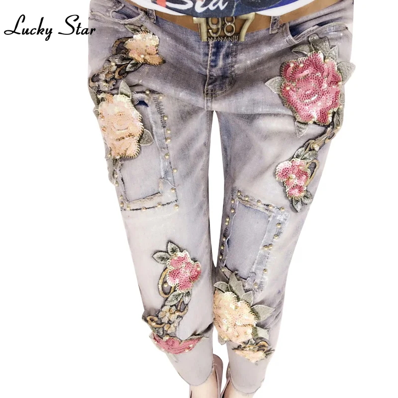Горячая Мода Бисероплетение для женщин кружево вышивка птица 2 шт. костюмы женские наборы повседневные джинсовые рваные джинсы брюки C037