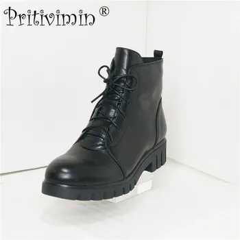 

Pritivimin FN50 C Fashion New winter ladies warm real fur lined shoes woman black cow leather thick low heel lace up ankle boots