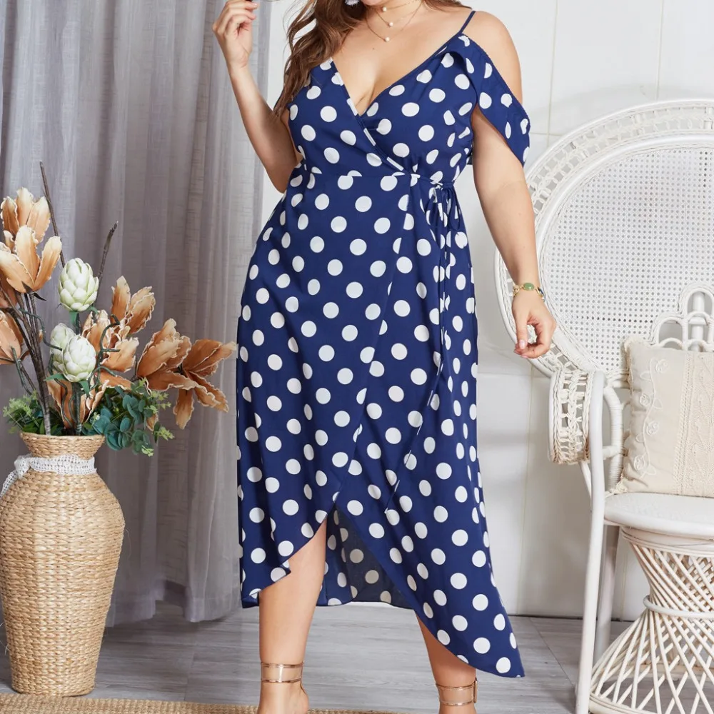 

Long Summer Plus Size Dress Dot Printing Sling Short Sleeve Empire Dresses Women Vintage V-neck Ankle-Length zomer jurk 4EM