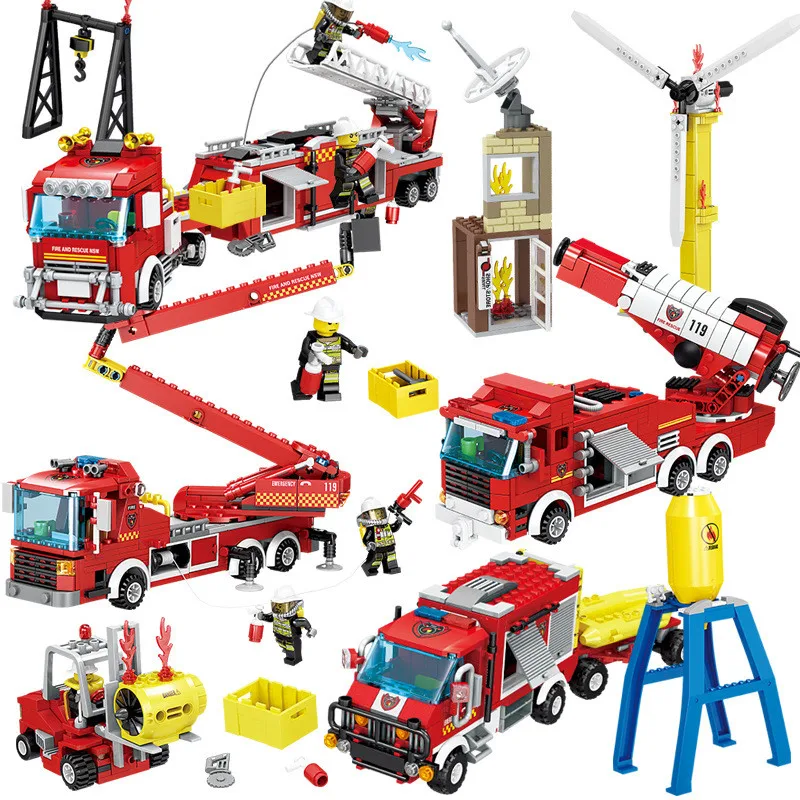 4 in 1 City Construction Fire Fighting Deformation Truck Rescue Vehicles Building Blocks Compatible Legoing Police Bricks Toys