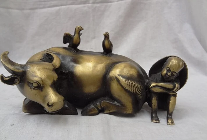 

song voge gem S4918 Chinese Bronze Animals Fly Bird On Bull Ox Sleep Child Cowboy Statue Sculpture