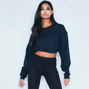 

Autumn Winter Hoodie Women solid sweatshirts Womens clothings ladies long sleeve O Neck short slim pullover top crop top outwear