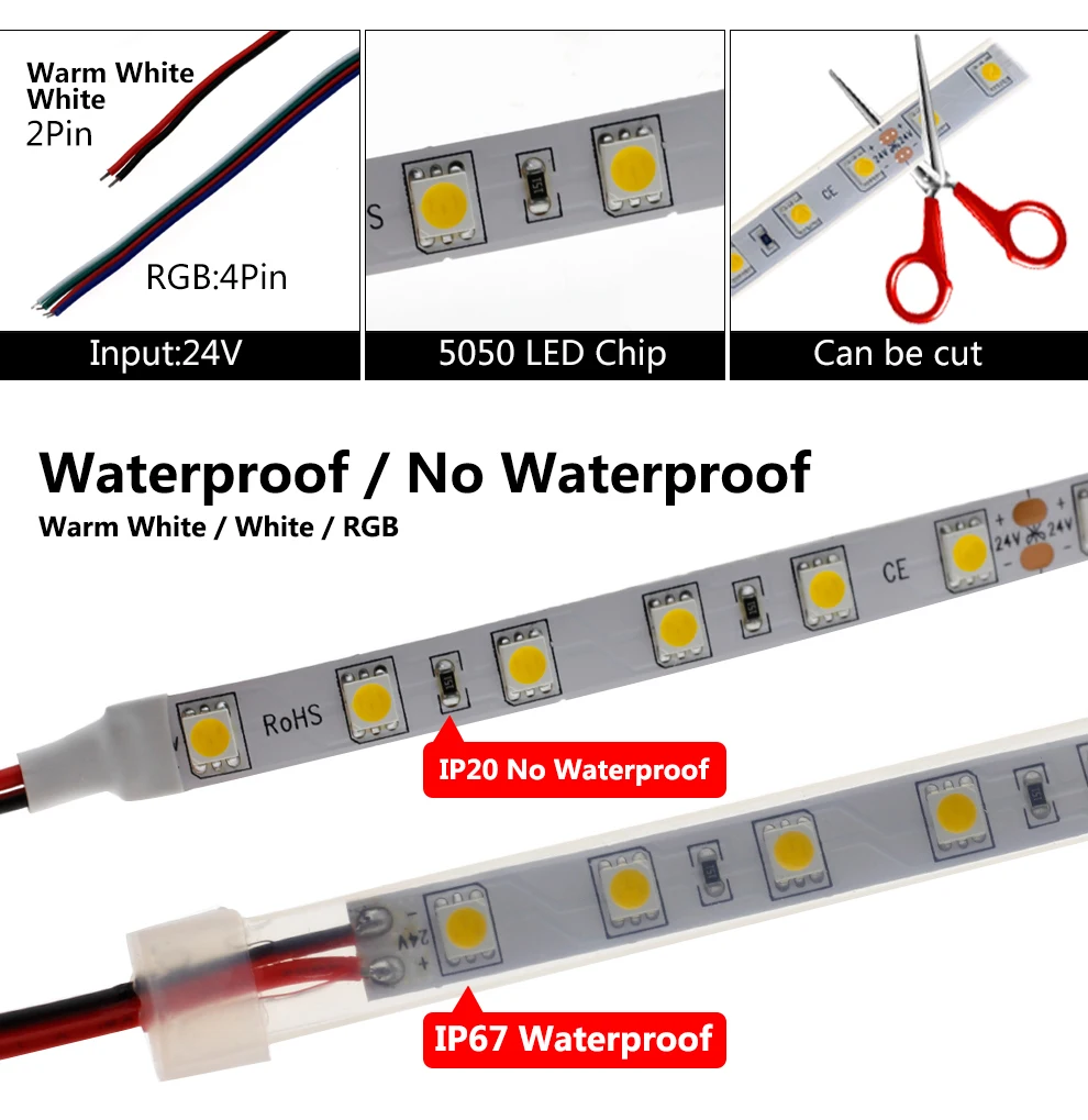 DC24V 20 м/Лента светодиодная лента 5050 IP67 Водонепроницаемый/Нет Водонепроницаемый 60 Светодиодный s/m теплый белый/RGB наружное освещение Светодиодная лента