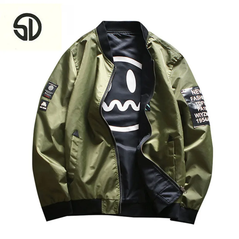 

Bomber Jacket Men Pilot with Patches Army Green Both Side Wear Thin Wind Breaker Jacket Men Outwear Masculina Patch Designes