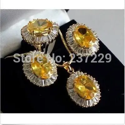 

Hot selling> Wholesale price FREE SHIPPING ^^Lovely Sets Yellow crystal pendant necklace Stud earring Ring (A0425) -Bride jewelr