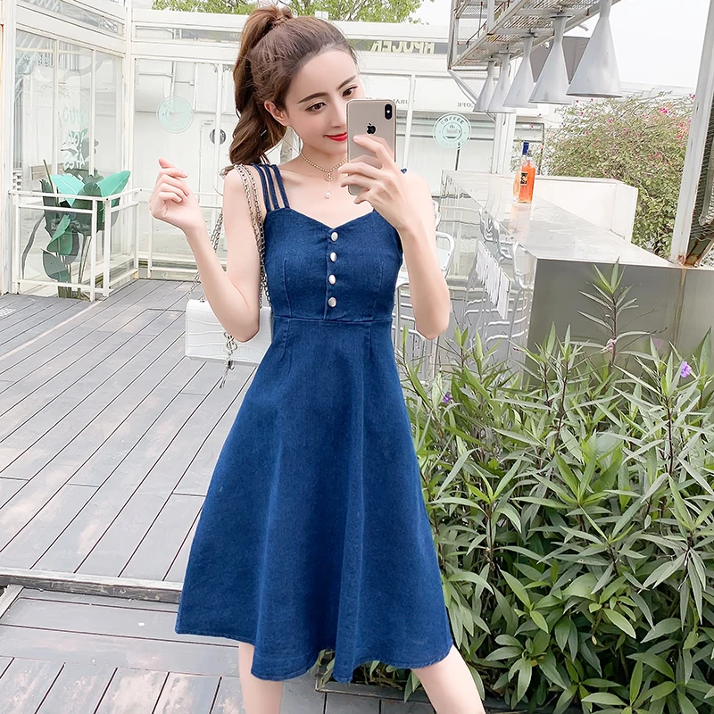 Summer Dress 2019 Women denim dress A line strapless buttons empire dresses robe femme ete sleeveless blue jeans dresses female