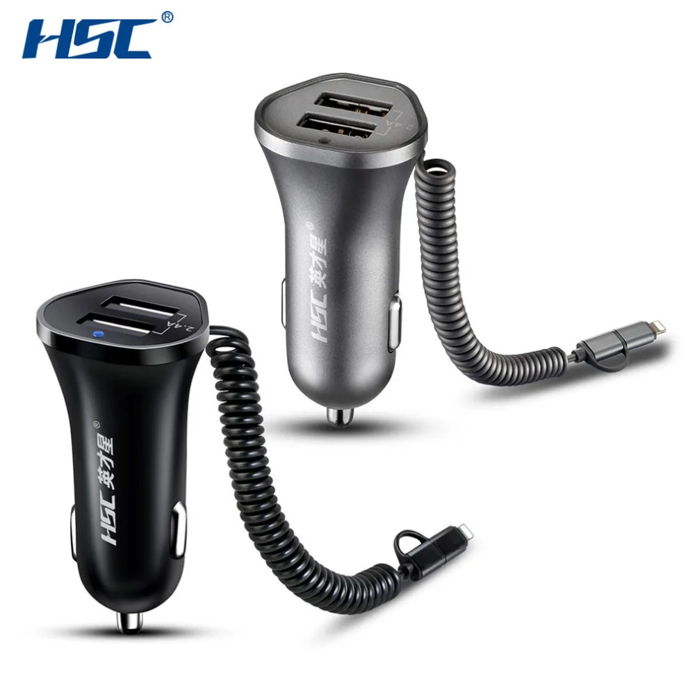

HSC 12V-24V Fast Car Charger 2.4A Dual USB Spring Line 130cm Charger Smart Charger Adapter for Android & Iphone With LED Screen