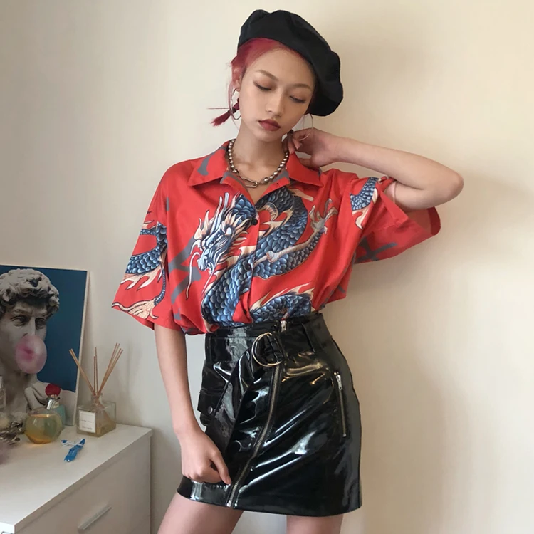 Новые летние Harajuku китайские женские рубашки с принтом дракона уличная Свободная