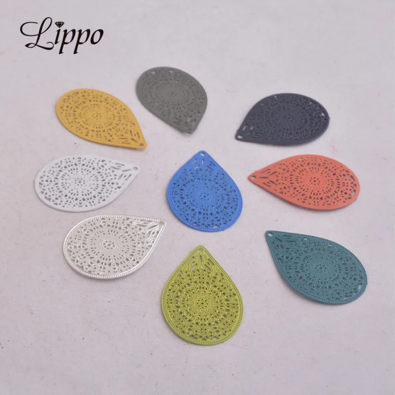 

50pcs AC3894 16*24mm Water drop Silver Color Charms Yellow Black Charm Metal Jewelry Filigree Earrings Findings