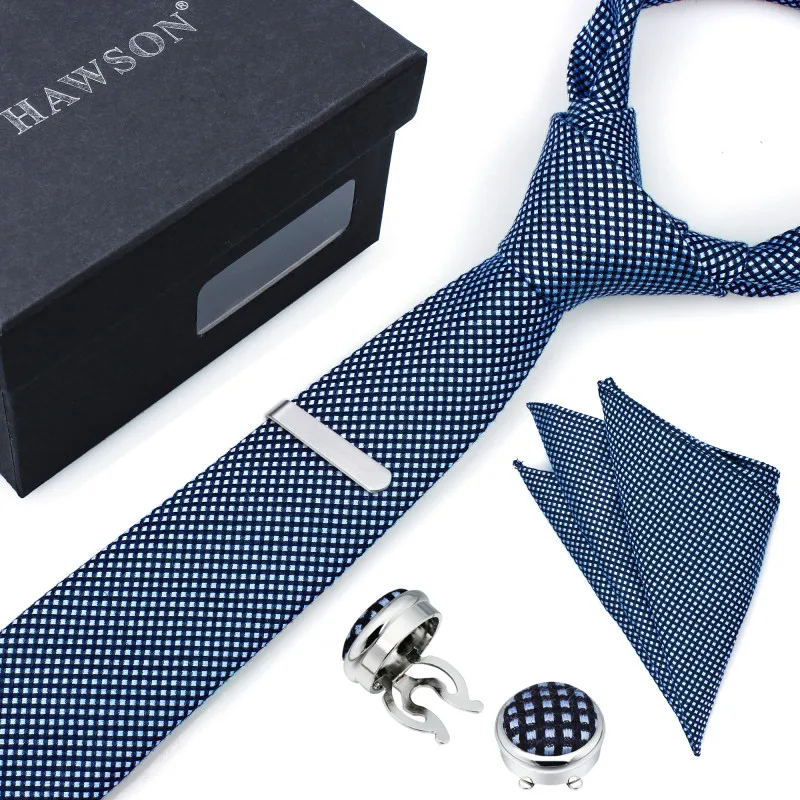 

HAWSON Plaid Midnight Blue and Light Sky Blue Tie Set with Pocket Square Tie-Clip Button Cover Cuff-Link as Present For Men