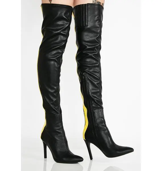 2018 New Winter Real Leather Boots Women Chic Pointed Toe Side Zip Mixed Color Back Two Yellow Striped Black Ladies Long Boots
