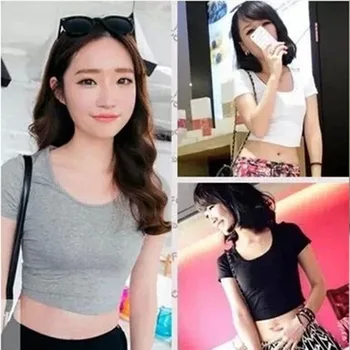 

Summer Sexy Women Plain U-neck Stretchable Midriff-baring Short Sleeve T-shirt White/Black/Grey