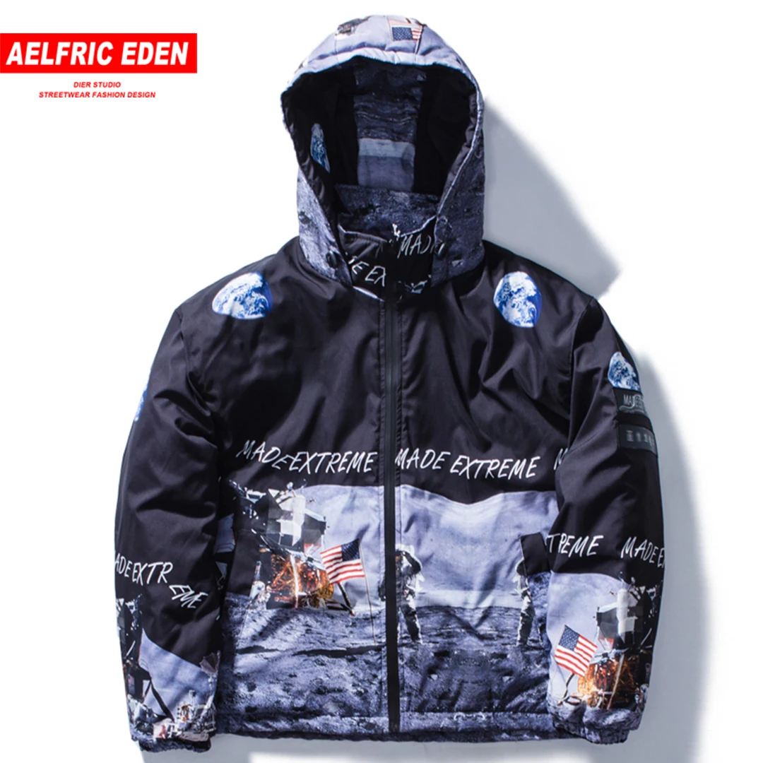 Aelfric Eden 3d Moon Pattern Print Mens Jackets Thick Parkas Streetwear