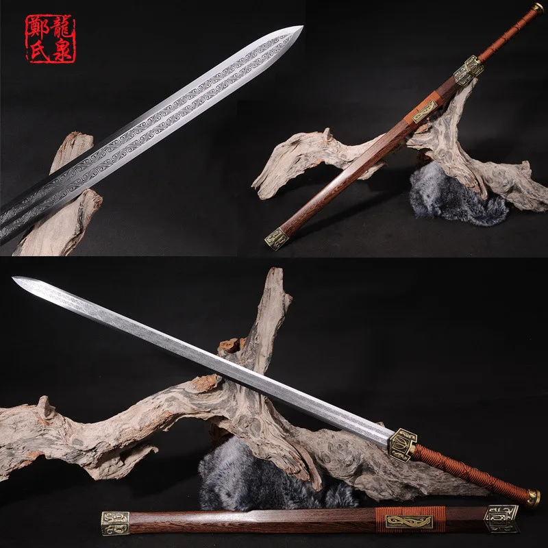 Chinese Sword Double Edges Blade Real Steel Rose Wood Scabbard Fungshui Ornaments Full Tang Sharp-Novel Souvenir-Hanjian