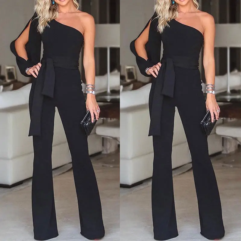 

Women Summer Clothes Clubwear Playsuit Jumpsuit Solid Casual One Shoulder Long Trousers Pants Regular Size Cotton Blend