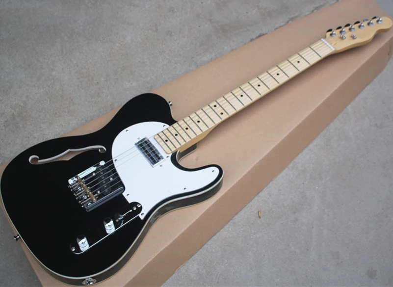 

Factory wholesale semi-hollow black electric guitar with rosewood fretboard,Maple fretboard,White pickguard,Can be customized