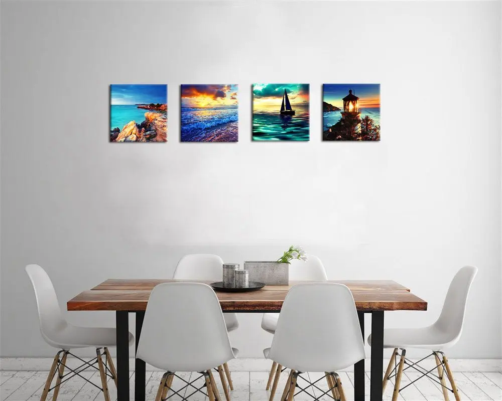 Canvas Wall Art Ocean Sunset Beach Painting Coast Nature Picture Modern Sailing Lighthouse Home