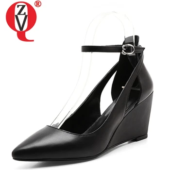 

ZVQ 2019 spring women shoes genuine leather woman 8cm High heels pumps office ladies big size 34-42 wedge boots sandals