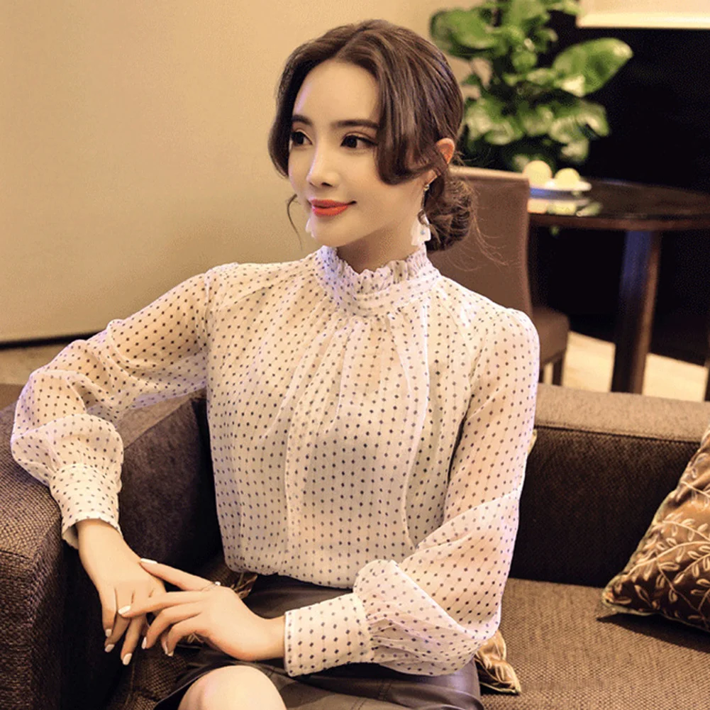 Loose Office Lady Top Stand Collar Spring Autumn Cool Chiffon Button Cuff Base Shirt Long Sleeve Polka Dot Elegant Women Blouse |
