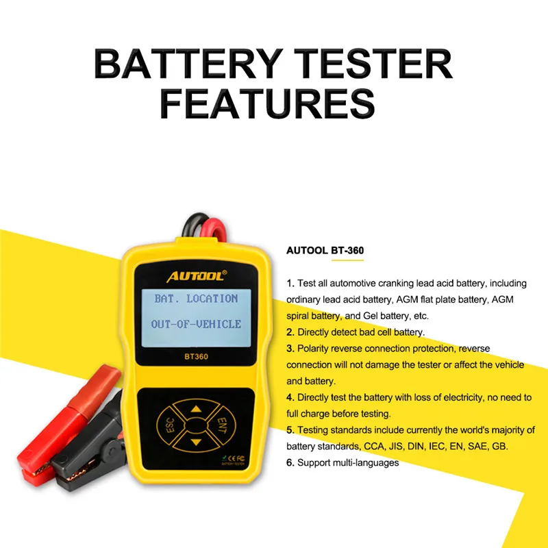 Autool BT360 автомобильный тест на батарею er 12 в цифровой анализатор CCA вольтметр автоматический генератор Напряжение зарядка плохой элемент тест транспортного средства