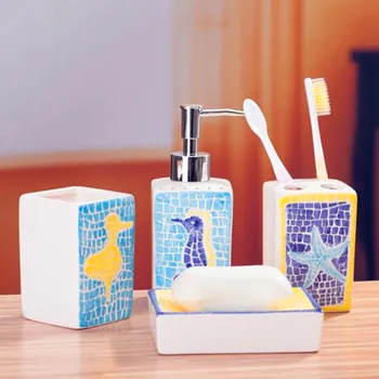 

Bathroom Accessories Set 4 Pieces Set Sea Animals' Pattern Kid's Room Decoration Ceramic Free Shipping Mediterranean 4 Colors