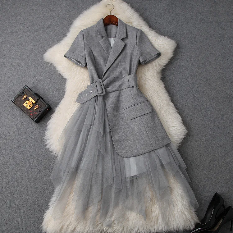 Элегантный офисный Женский комплект из двух предметов, костюм, воротник с короткими рукавами, высокая талия, асимметричное Сетчатое тонкое платье - Цвет: Серый
