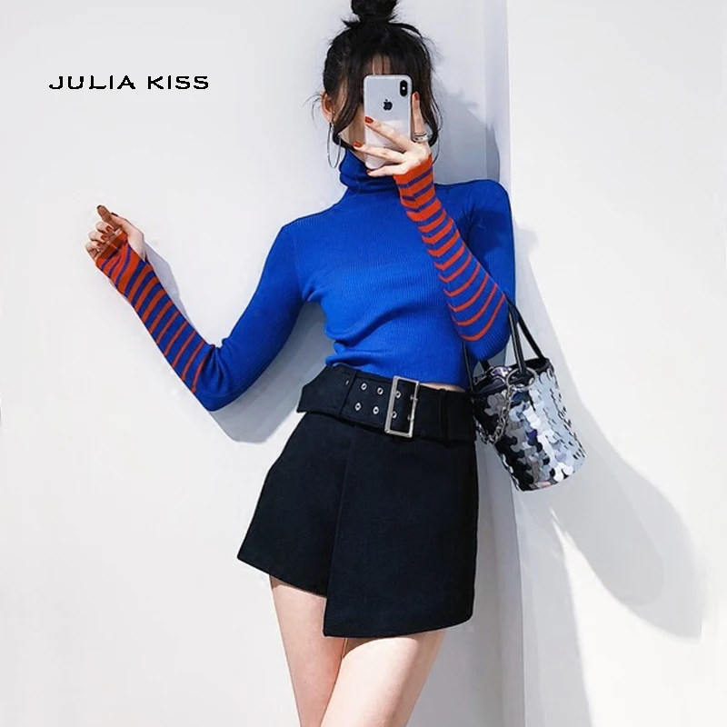 

Women Turtleneck Ribbed Fitting Jumper with Striped Sleeve Rolled Neck Ribbed Fitting Knit Pullover