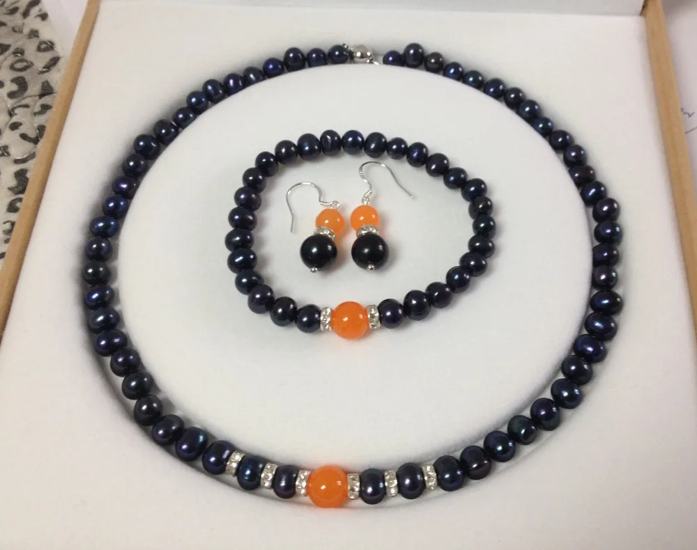 

hot sell new - Black Akoya Cultured Pearl/Orange Jade bracelets necklace earrings set No box