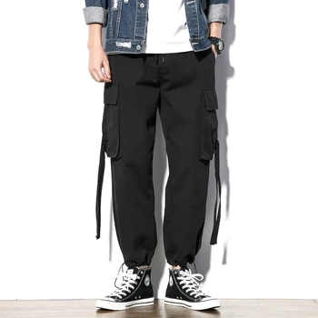 

Multi-Pockets Cargo Pants Men Ribbons Elastic Waist Streetwear Male Tactical Joggers Trousers Pantalon Hip Hop Long Pants Men