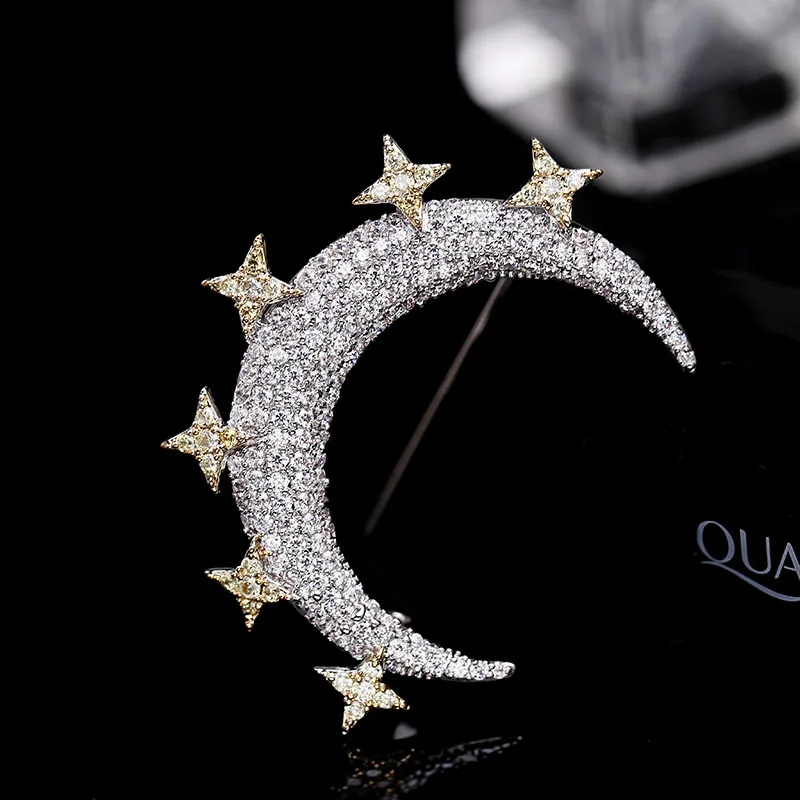 simple personality stars moon crystal brooch cubic zircon brooches pin