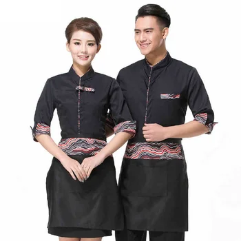 

(10 set-Shirt&Apron) hotel restaurant workwear waiter and waitress clothes with apron black or red color made in China by