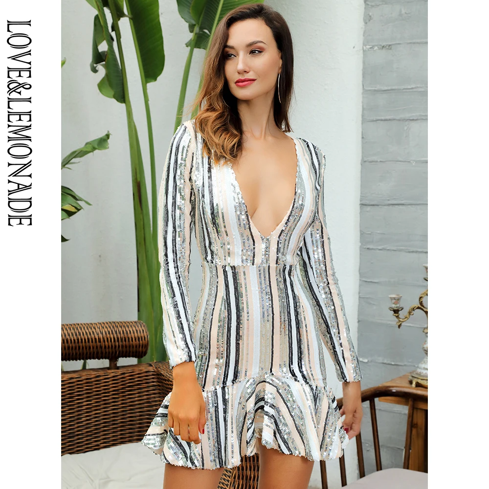 

Love&Lemonade Sexy Deep V-Neck Ruffled Trim Striped Sequins Long-Sleeved Dress LM81553