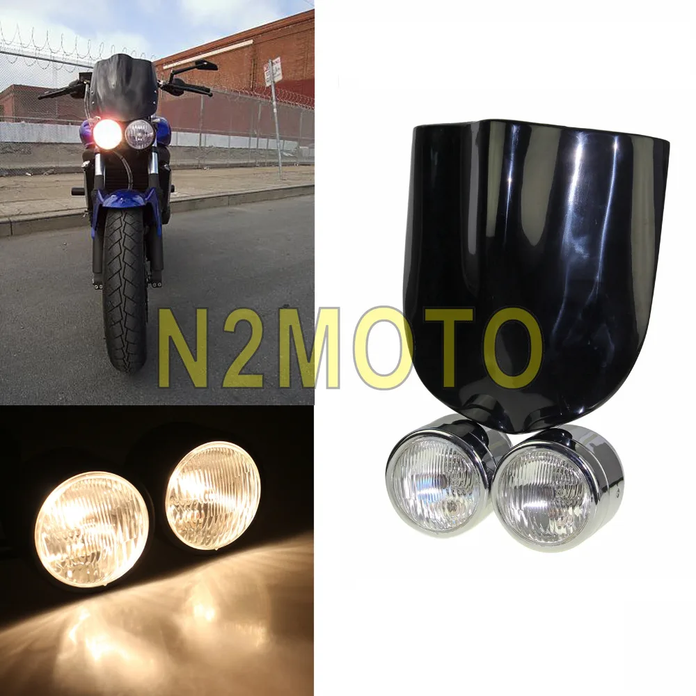 

Chrome Motorcycle Twin Dominator Headlight Double H4 Head Light Black Windshield for Harley Softail Fatboy Dyna Touring Racer