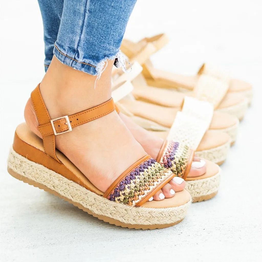 

Women Bohemian Hemp Rope Weaving thick bottom Large Size Platform Buckle Sandal waterproof platform Wedges fish mouth Sandals