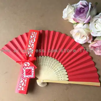 Free shipping 50Sets/Lot bamboo folding paper fan wedding gift hand fan with Luxury Paper Gift Box + thank you card + ribbon